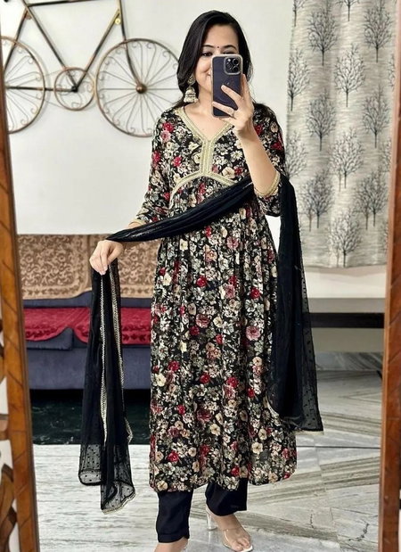 FVD Black Floral Alia Cut Kurti With Bottom Dupatta Catalog